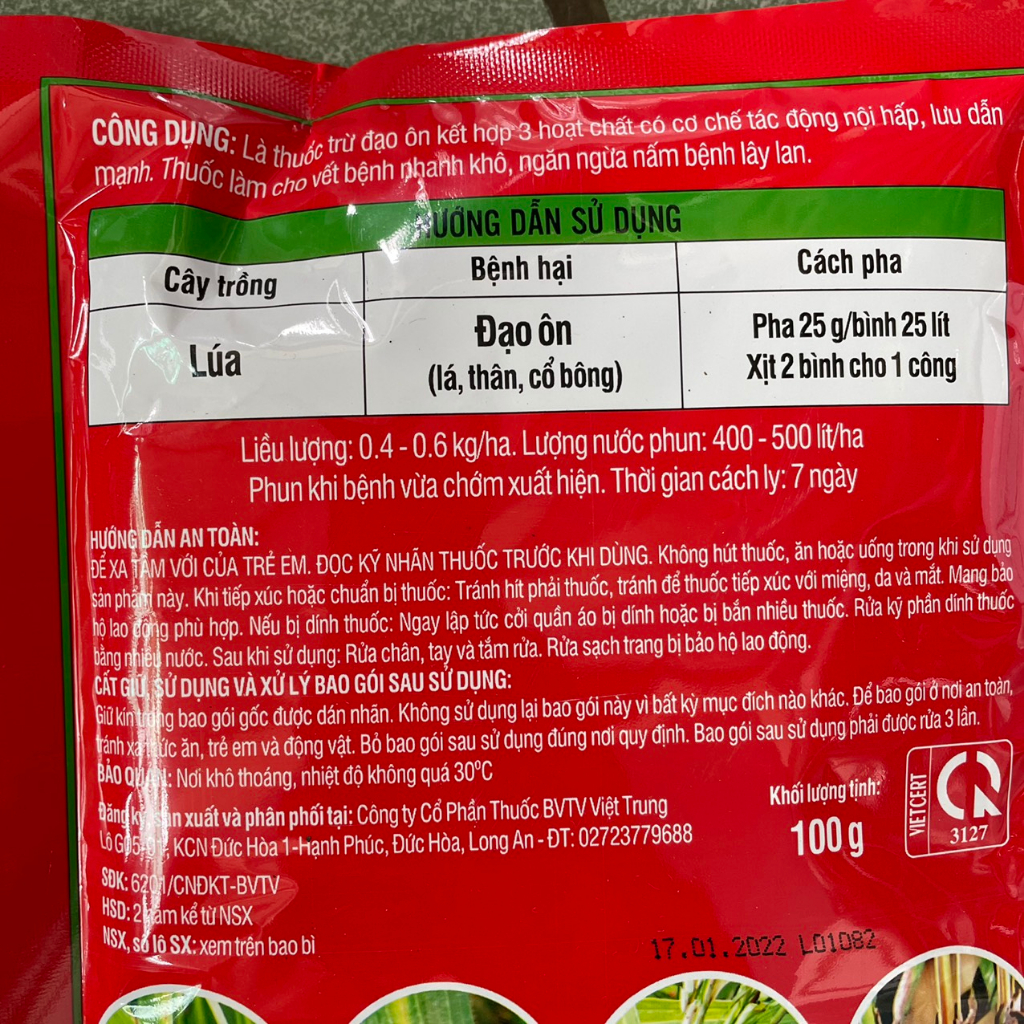 Đạo ôn thái 100gr - trừ nấm bệnh đạo ôn trên lúa với 3 hoạt chất mạnh Tricyclazole, Propineb, Isoprothiolane