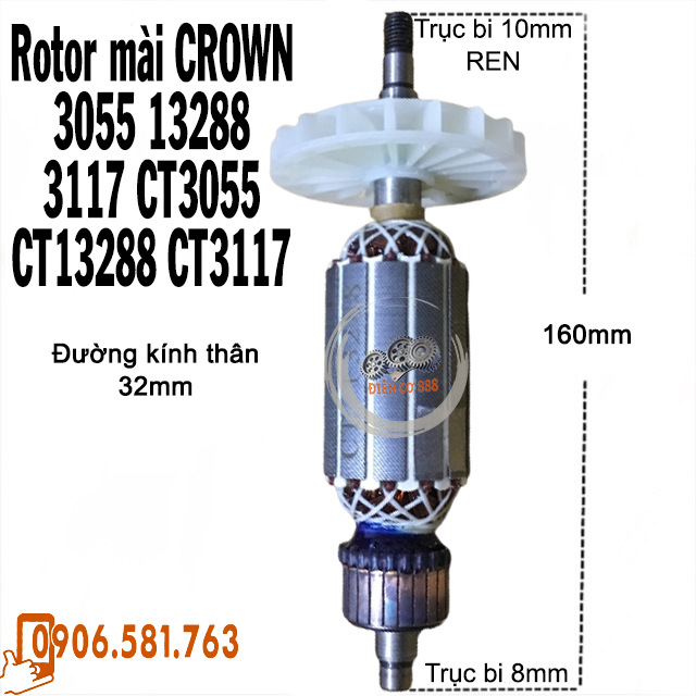 Rotor mài CROWN 3055 13288 3117 CT3055 CT13288 CT3117 Thân 35mm Dài 160mm dây đồng 220V - Tặng chổi than