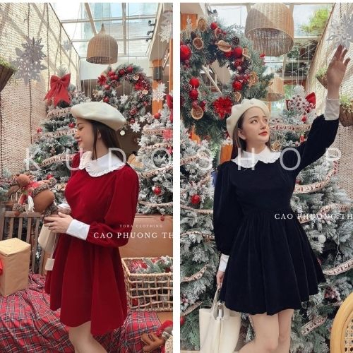 Váy nhung tiểu thư cổ sen trắng dáng ngắn KUDOSHOP Đầm dự tiệc tay dài phong cách Hàn Quốc trẻ trung