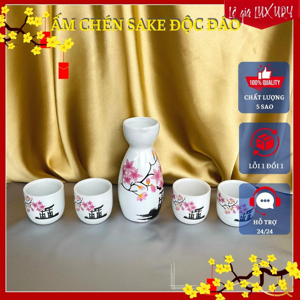 Bộ bình rượu TÊT gốm sứ phong cách Nhật Bản Cổ Điển, Bộ bình rượu Sake cao cấp- Họa tiết đào tết