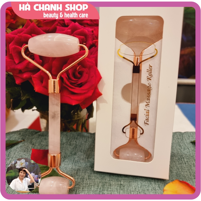 Cây Lăn Massage Mặt Đá Thạch Anh Hồng Hai Đầu Mát Xa Mặt Mắt Dụng Cụ Spa Đẩy Tinh Chất Dưỡng Sinh Chăm Sóc Da