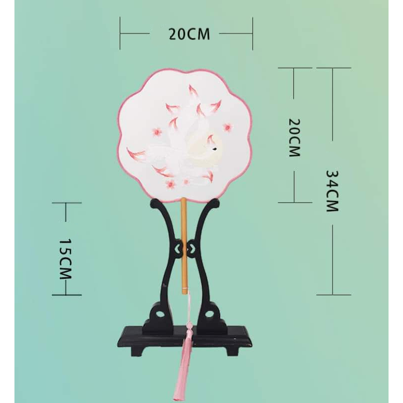Quạt tròn viền hoa thêu cầm tay phong cách cổ trang