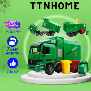 Mô hình xe chở rác không kính chạy bánh đà cỡ lớn kèm 3 thùng rác