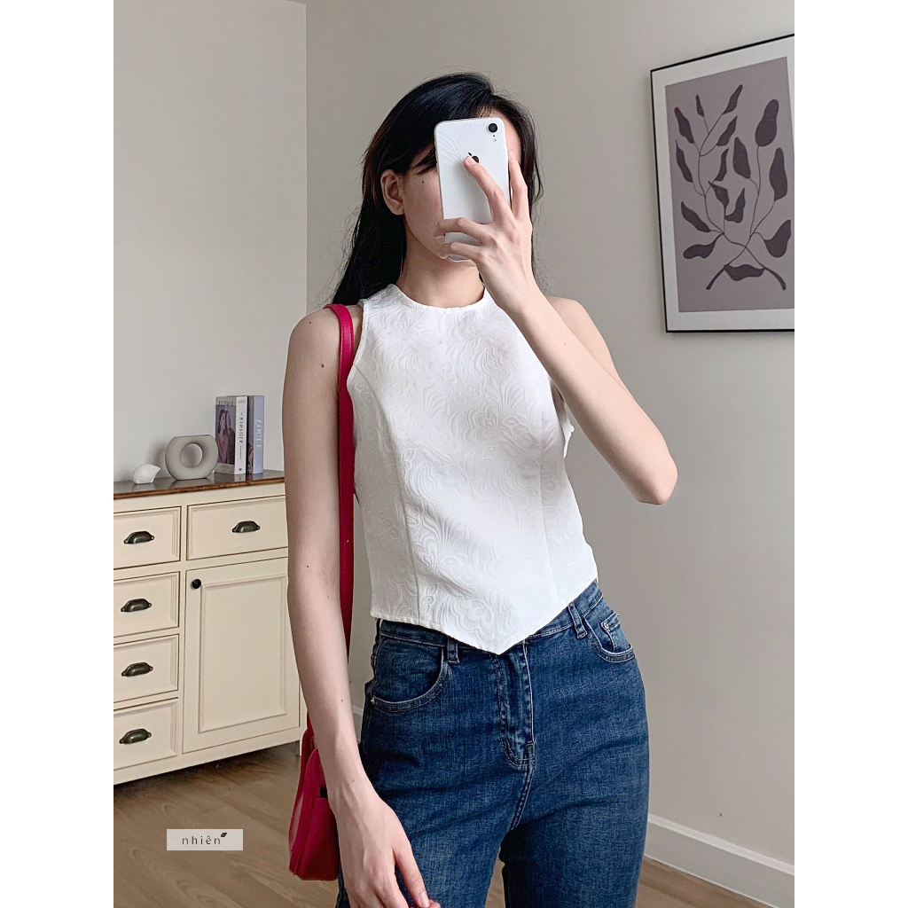 Áo kiểu nữ dáng croptop chất gấm hoa nổi cao cấp size S nhiennhienvintage BA214