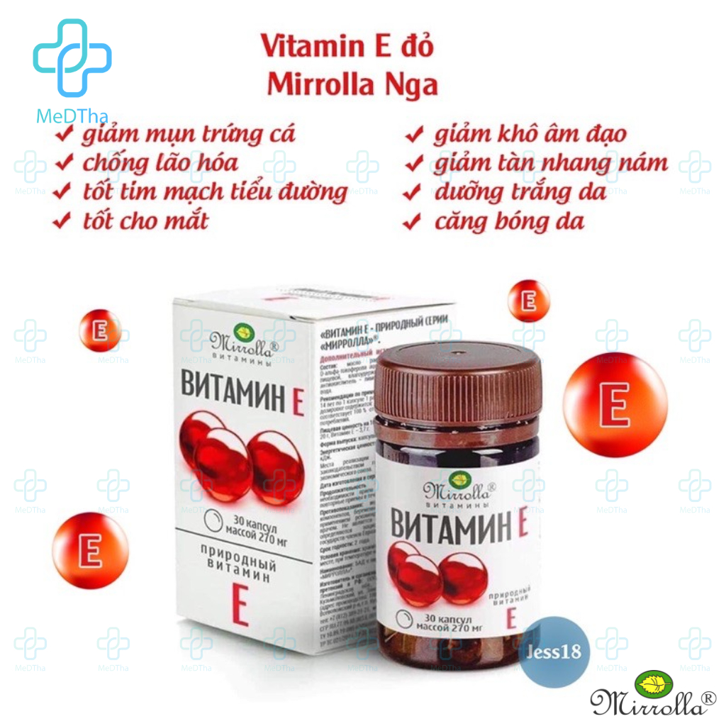 Vitamin E Đỏ Nga 270mg Mirrolla - Giảm Mụn Trứng Cá, Làm Đẹp Da, Sáng Da, Chống Lão Hóa, Giảm Nám, Tàn Nhang [Hàng Nga]