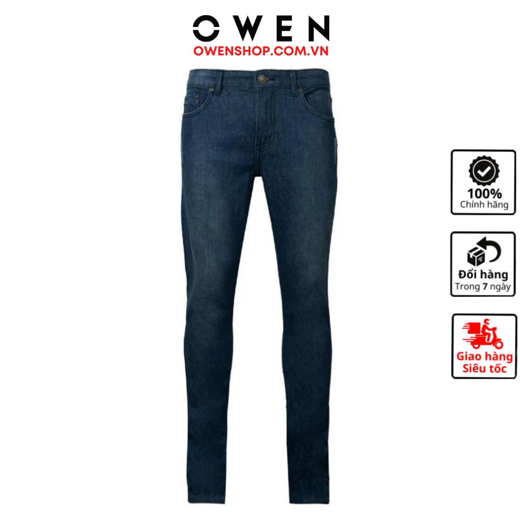 Quần jean nam cao cấp chính hãng Owen QJSL23955 màu xanh trơn vải bò denim cotton bền đàn hồi tốt dáng slim fit ống côn
