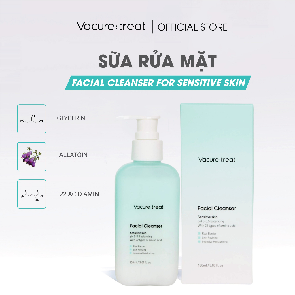 Sữa rửa mặt làm sạch dịu nhẹ Vacure:treat Facial Cleanser For Sensitive Skin 150ml