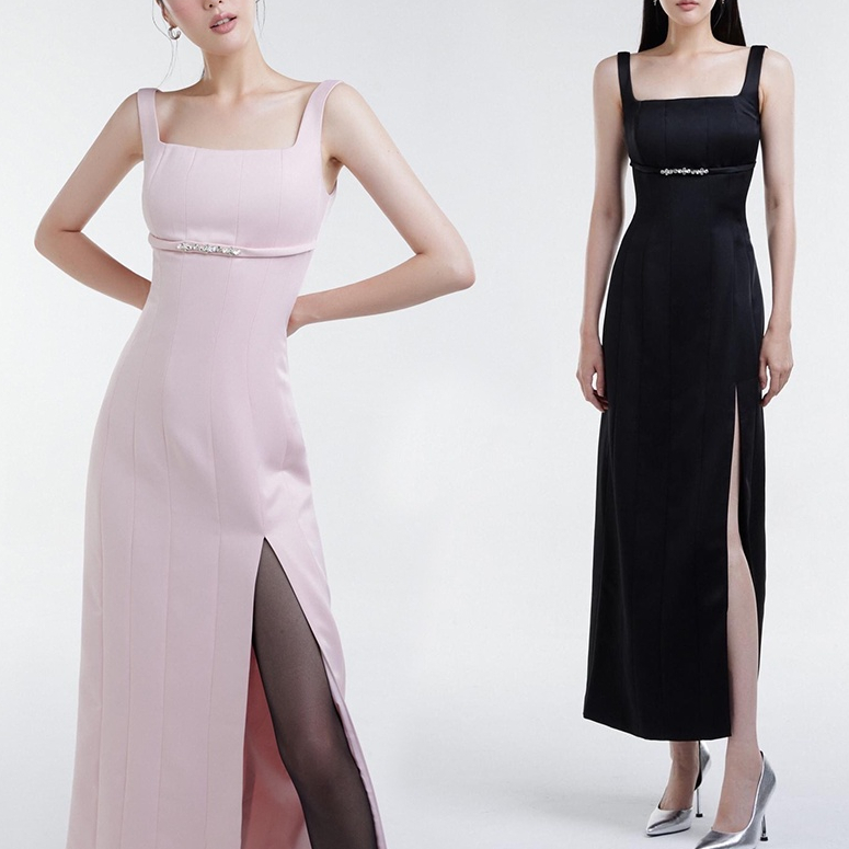 Đầm maxi đi tiệc cưới thiết kế hai dây, xẻ tà sang trọng