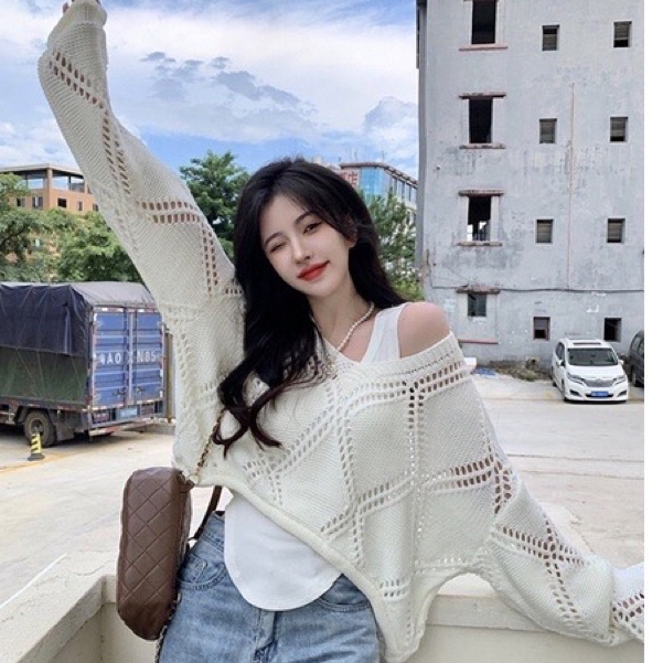 Áo Croptop Len Mỏng Dệt Kim Tay Dài Dáng Rộng Cổ Tròn Thời Trang Cá Tính Quyến Rũ Phong Cách Hàn Quốc