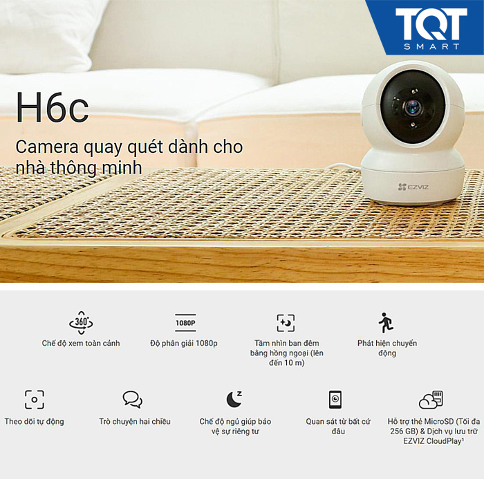 Camera H6C EZVIZ 2MP Wifi Không Dây, Quay Quét 360, Ban Đêm Hồng Ngoại - TQT SMART