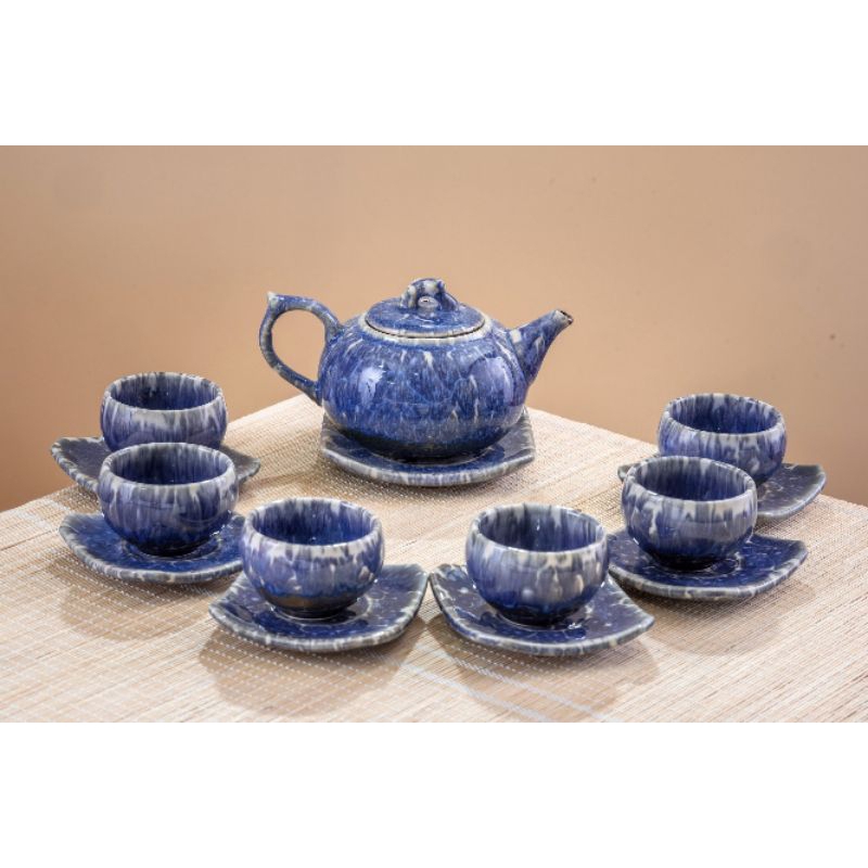 Ấm chén bát tràng - bộ quả hồng hỏa biến vẽ công hoàng kim