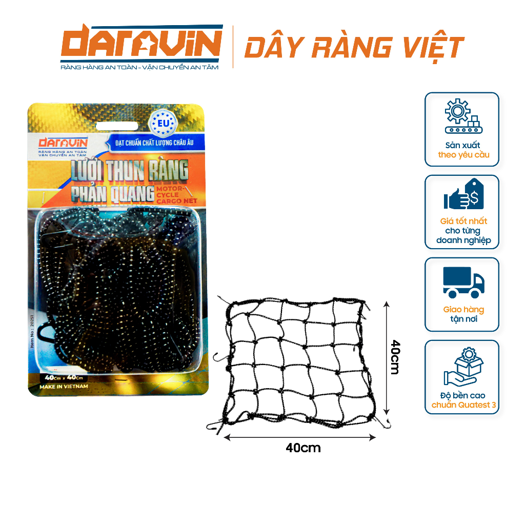 Lưới Thun Ràng Hàng DARAVIN Màu Đen Cho Xe Máy Phản Quang Với 100% Sợi Polyester Bền Bỉ 40x40CM