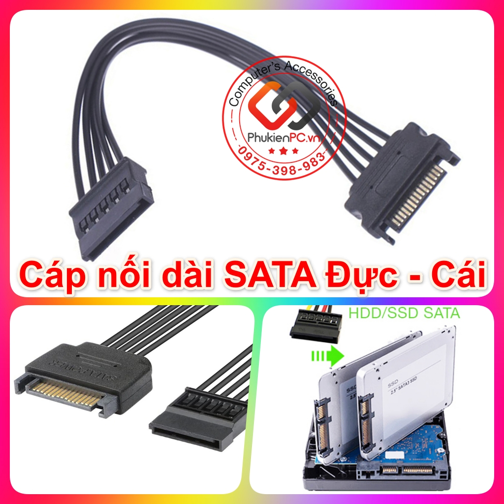 Dây nối dài nguồn SATA 15pin Đực-Cái. Đủ 5 dây, chuẩn UL1007 cho ổ cứng HDD SSD DVD máy tính PC, máy công nghiệp, đồng b