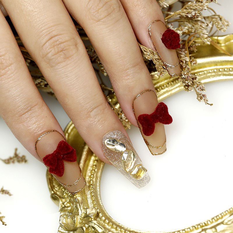 Charm nơ nhung màu đỏ đô gắn móng tay