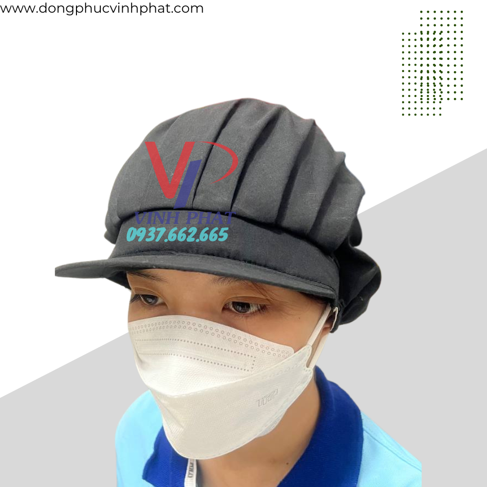Mũ Nón Vải Màu Đen Trùm Tóc Công Nhân Thực Phẩm, Thủy Sản Form Ngắn Vải Đẹp Giá Rẻ  - Hình Thật
