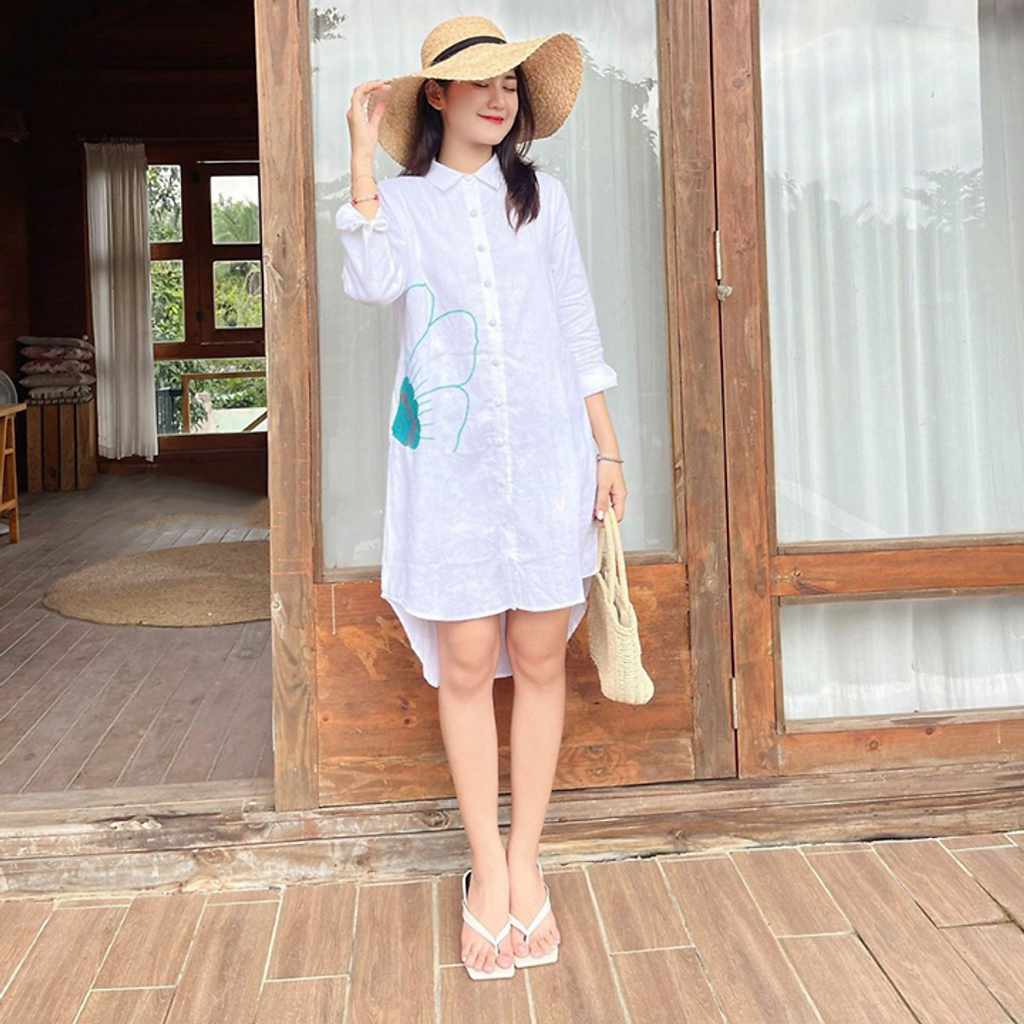 (TỔNG KHO LÂM ANH CHUYÊN SỈ) Đầm suông sơ mi Linen Hàn thêu bông to dáng lửng trẻ trung, chất Linen nhập Hàn cao cấp