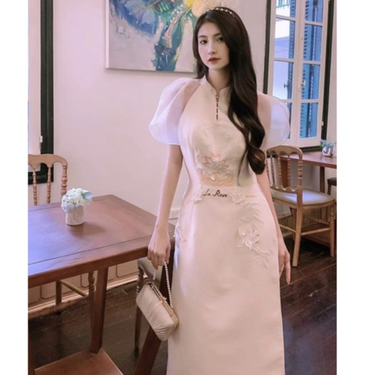 Áo Dài Cách Tân LAROSE ,Áo Dài Đính Kết Tiểu Thư Sang Chảnh Kèm Quần Lụa Cao Cấp