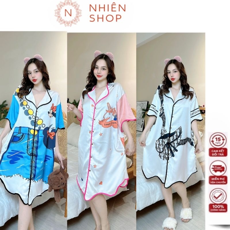 Đầm váy ngủ sơ mi LỤA siêu rộng siêu mát , bầu bí thoải mái