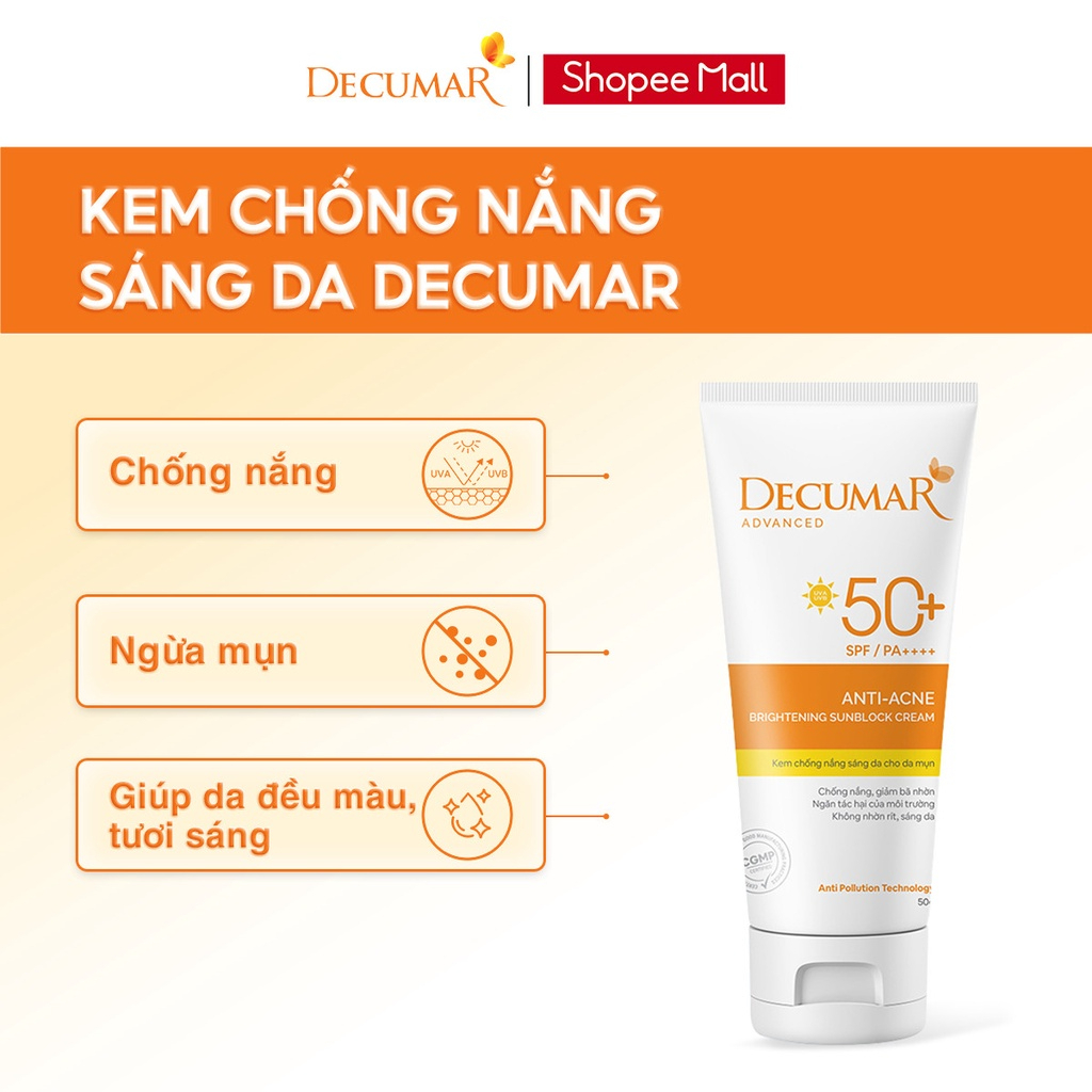 Kem Chống Nắng Ngừa Mụn Sáng Da Decumar Advanced Anti-Acne Brightening Sunblock Cream 50g SPF 50+