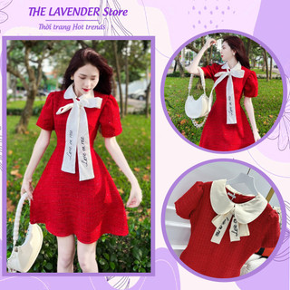 Váy Dạ Đỏ Thắt Nơ Chữ Trắng Sang Trọng Đi Tiệc, Váy Tweed Dạ Nữ Tính Loại Đẹp Cao Cấp