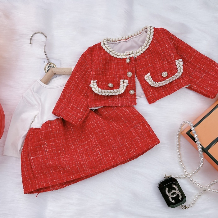 Set Váy Dạ Kèm Body Liền Thân WOWKIDS Chất Dạ Mềm Mại Cho Bé Từ 6-17kg Đi Chơi Diện Tết