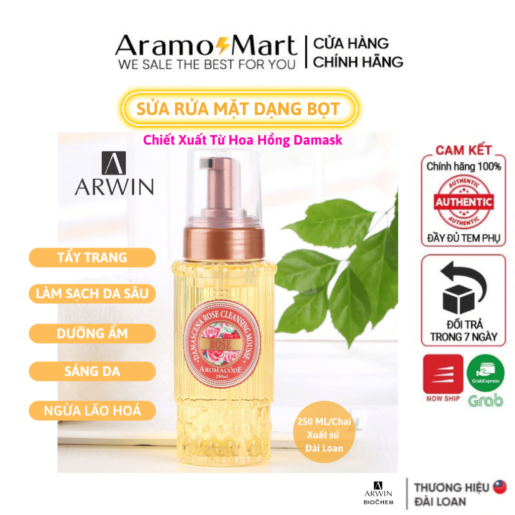 Sửa rửa mặt ARWIN dạng bọt chiết xuất từ Hoa Hồng Damask - Đài Loan 250ml/chai