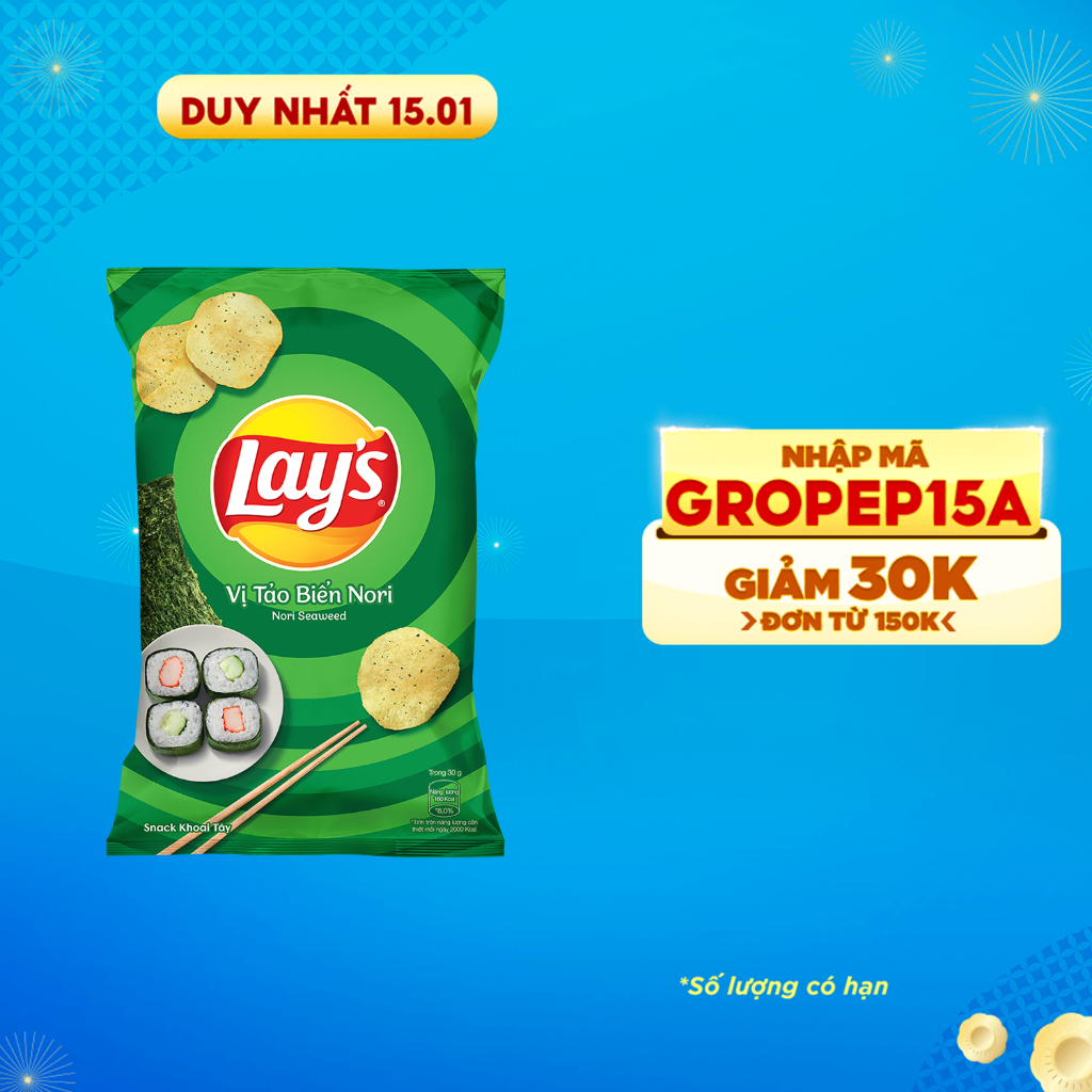 [GROPEP15A -30k đơn 150k] Snack Khoai Tây Lay's vị Tảo Biển Nori gói 95g