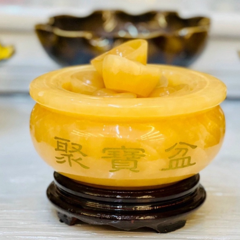 Bát tụ bảo đá ngọc hoàng long cao cấp màu vàng mật ong kích thước 15cm-12cm-10cm, bát kích lộc, giá sỉ