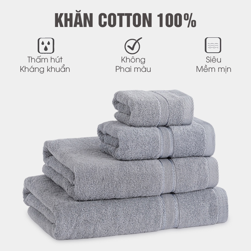 Combo 4 khăn bông tắm gội rửa mặt, 100% cotton thấm hút kháng khuẩn, không xổ lông phai màu an toàn cho sức khoẻ
