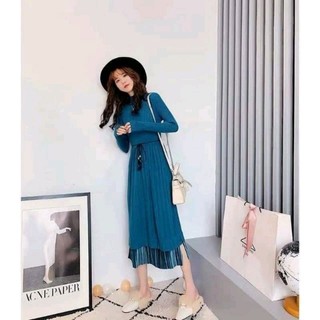 Đầm len gân dày tqxk màu xanh và đen đầm thu đông cổ 3p dáng xoè xuất khẩu dư xịn