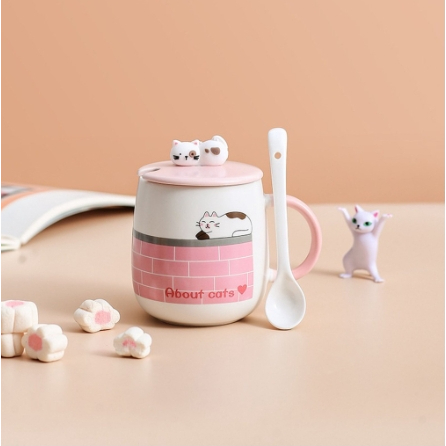 Bộ cốc sứ, Cốc đánh răng, Quà lưu niệm, cute kèm nắp hình mèo và muỗng dễ thương