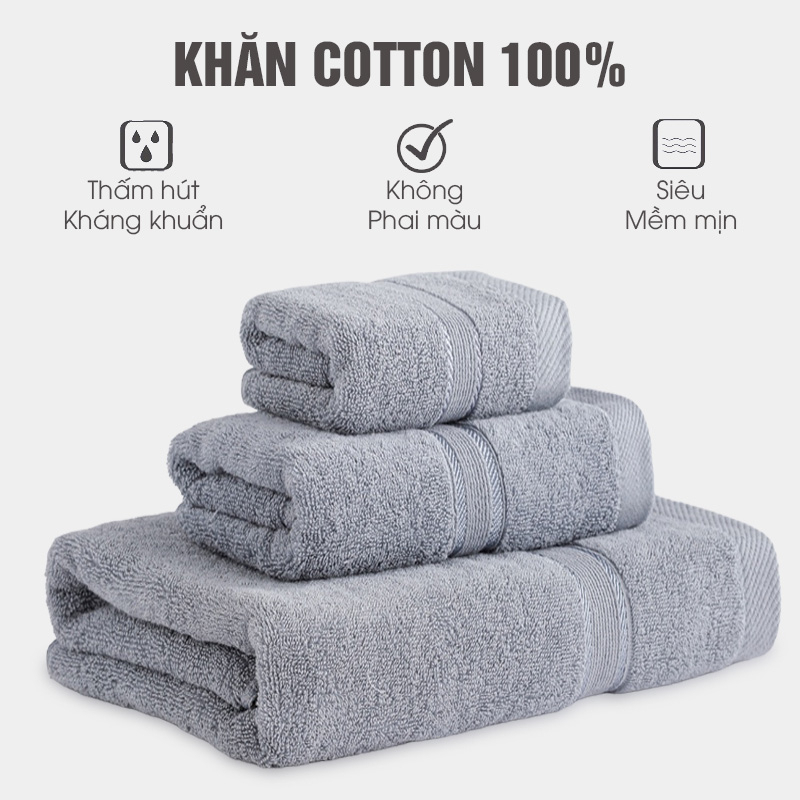 Combo 3 khăn tắm lớn gồm 1 khăn tắm 1 khăn gội và 1 khăn lau mặt 100% cotton không xổ lông phai màu thấm hút tốt