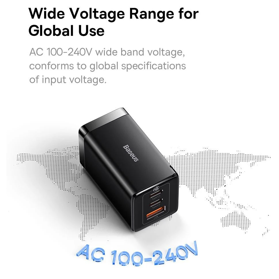 Bộ sạc nhanh 3 cổng Baseus GaN5 Pro 65W kèm Cáp C to C 100W, PD3.0/ PPS/ QC4.0/ SCP/ FCP - Hãng phân phối