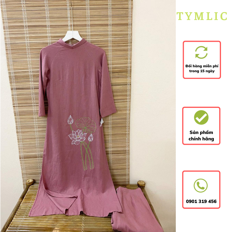 Set Áo Dài Linen Màu Hồng Đất Thêu Hoa Sen TYMLIC (SET 795K)