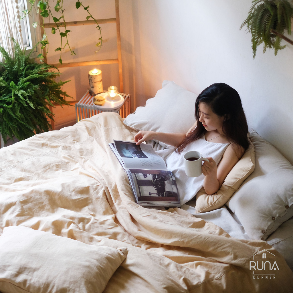 Ga Trải Giường RUNA CORNER Chất Liệu Linen Cotton Cao Cấp Màu Trơn Bo Chun Đệm Dày 20Cm