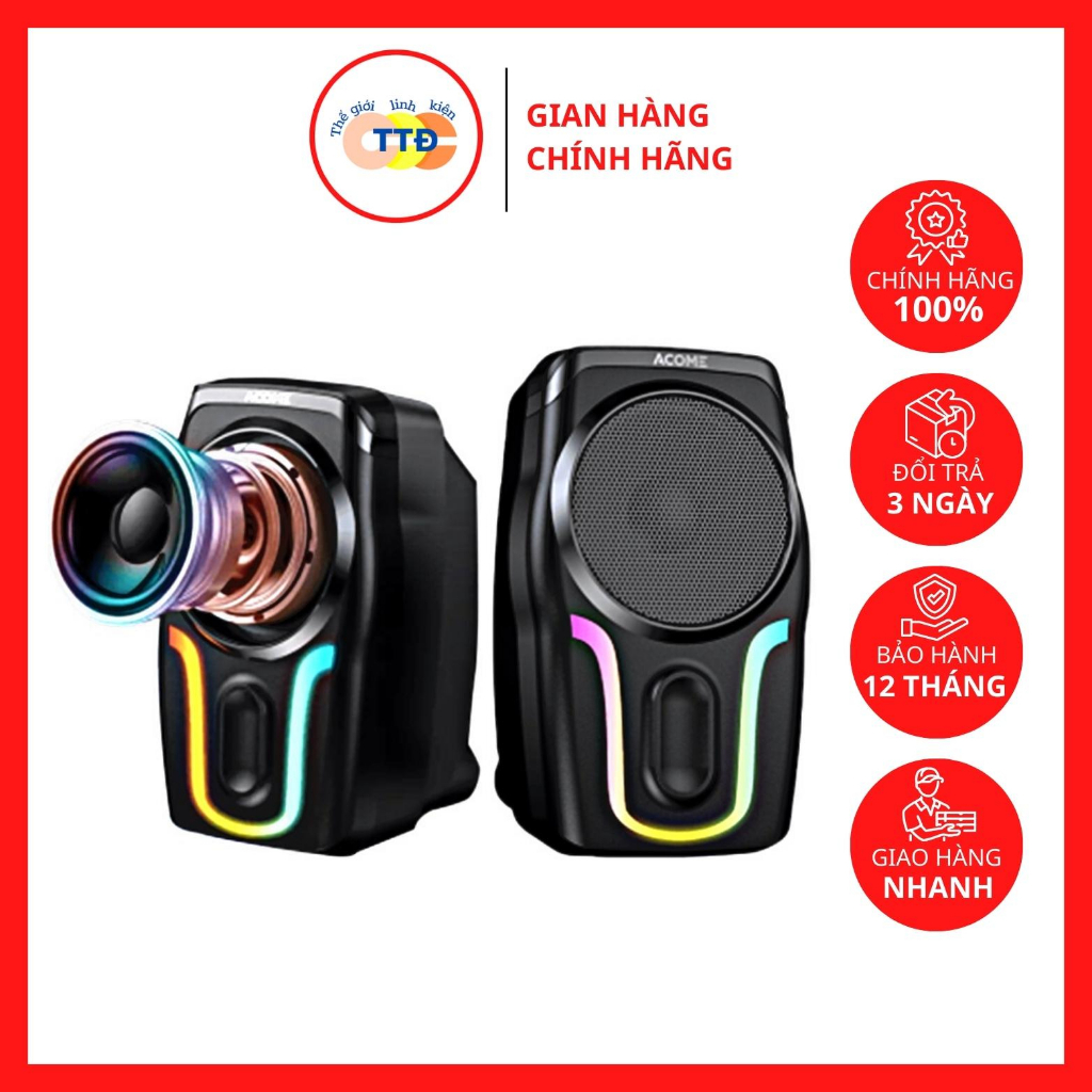 Loa máy tính để bàn bass mạnh đèn led RGB dùng cho PC laptop Acome A12, Loa vi tính mini có dây hiệu ứng đèn đổi màu