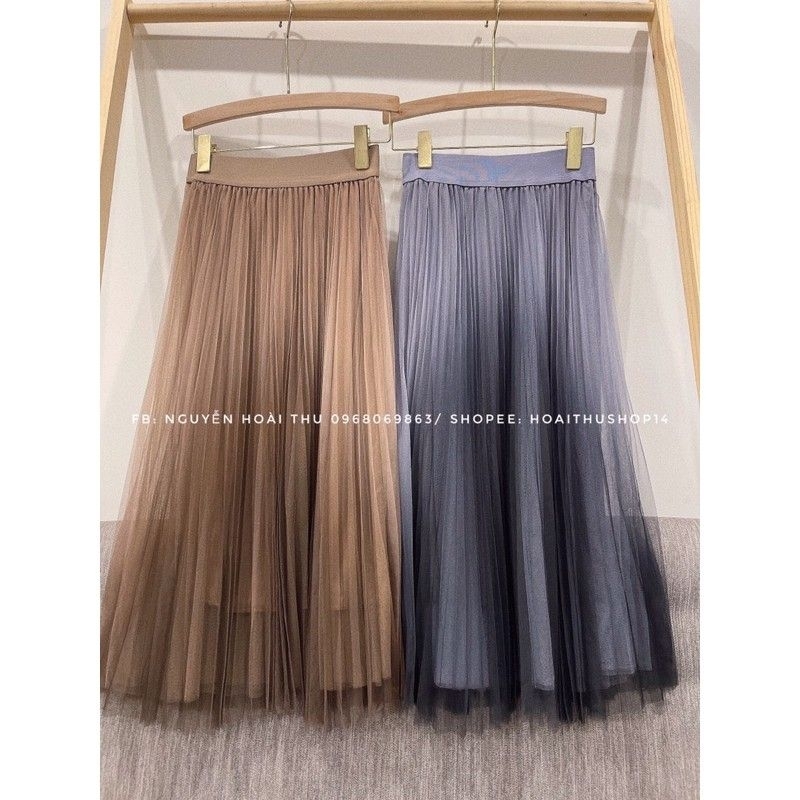 Chân Váy Lưới Maxi Dập Ly Loang Màu Dáng Dài 2 Lớp Cạp Chun Co Dãn Freesize Cho Nữ
