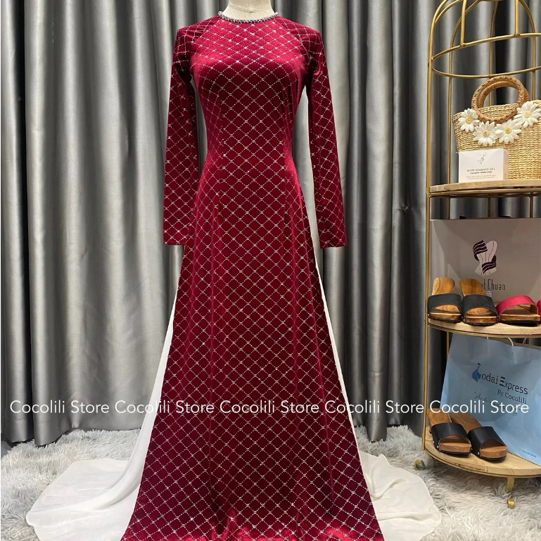 Áo Dài Cách Tân Nhung Kim Cương Nữ Cổ Tròn Đẹp