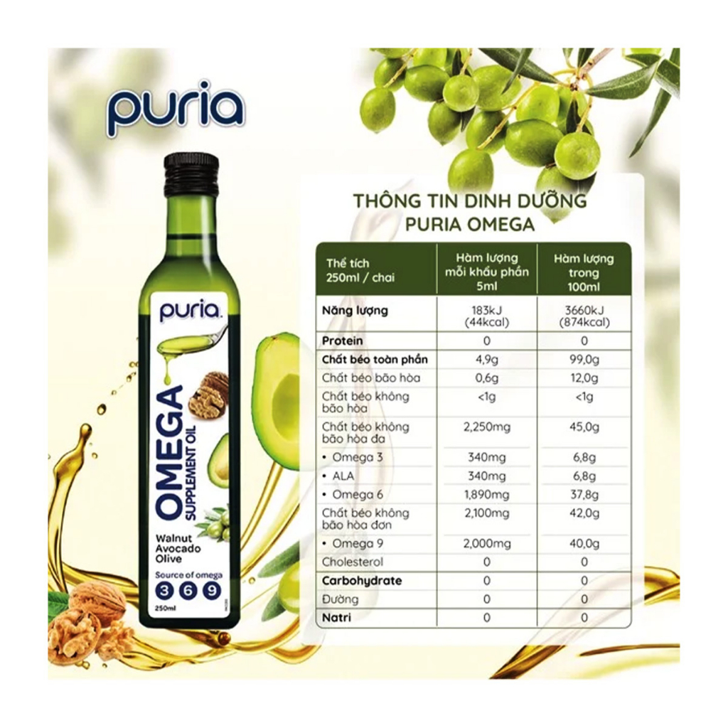 Hỗn hợp Dầu Thực Vật Bao Gồm Quả Bơ, Hạt Óc Chó, Dầu Oliu Bổ Sung Omega 3, 6, 9 Puria Omega Supplement Oil, Chai 250 mL