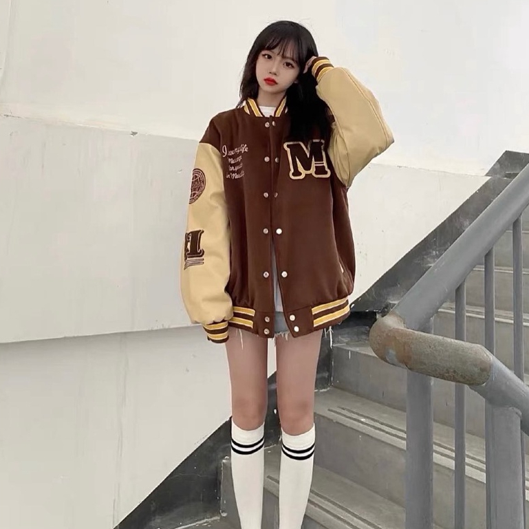 (FREESHIP} Áo Khoác bomber Unisex Vải dạ tay phối tay da pu họa tiết thêu xù 2 màu hót DT112