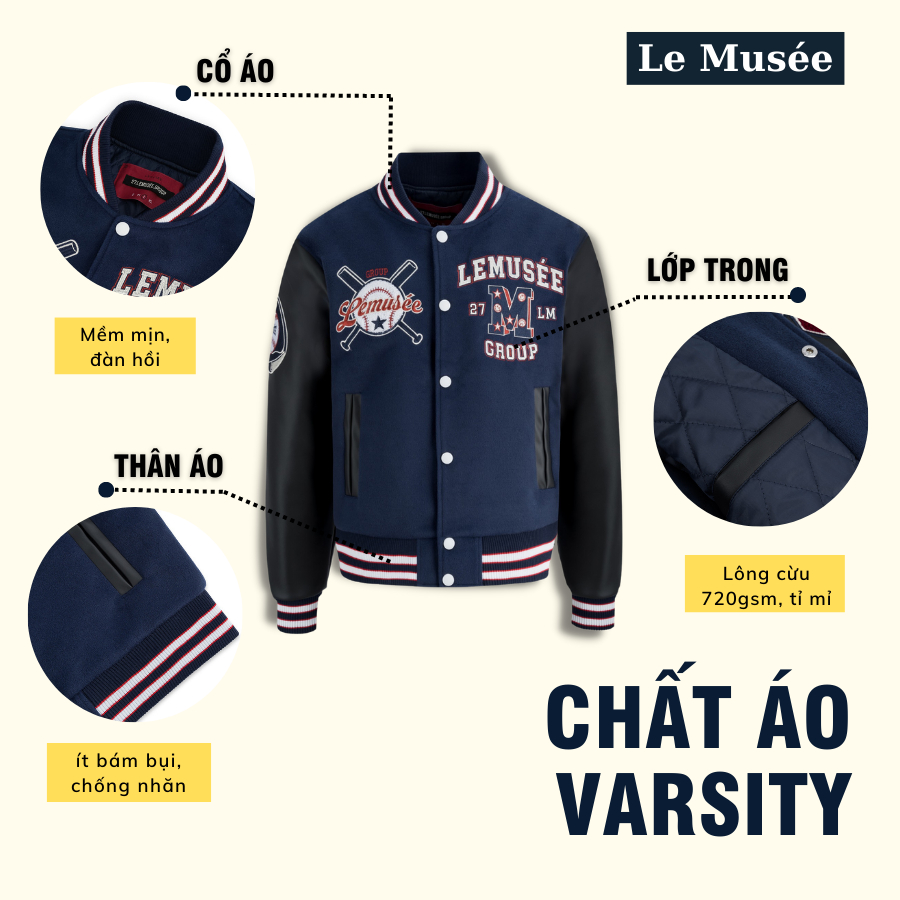 Áo Khoác Varsity Le Musée Vải Lông Cừu 720gsm Chính Hãng 100% Màu Xanh Than