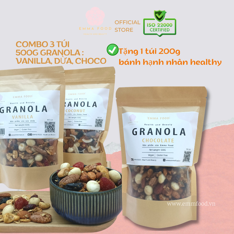 Combo 3 Túi 500G Granola Best Seller EMMA FOOD Vị Vanila, Dừa, Chocolate Ngũ cốc granola ăn sáng ăn kiêng lành mạnh
