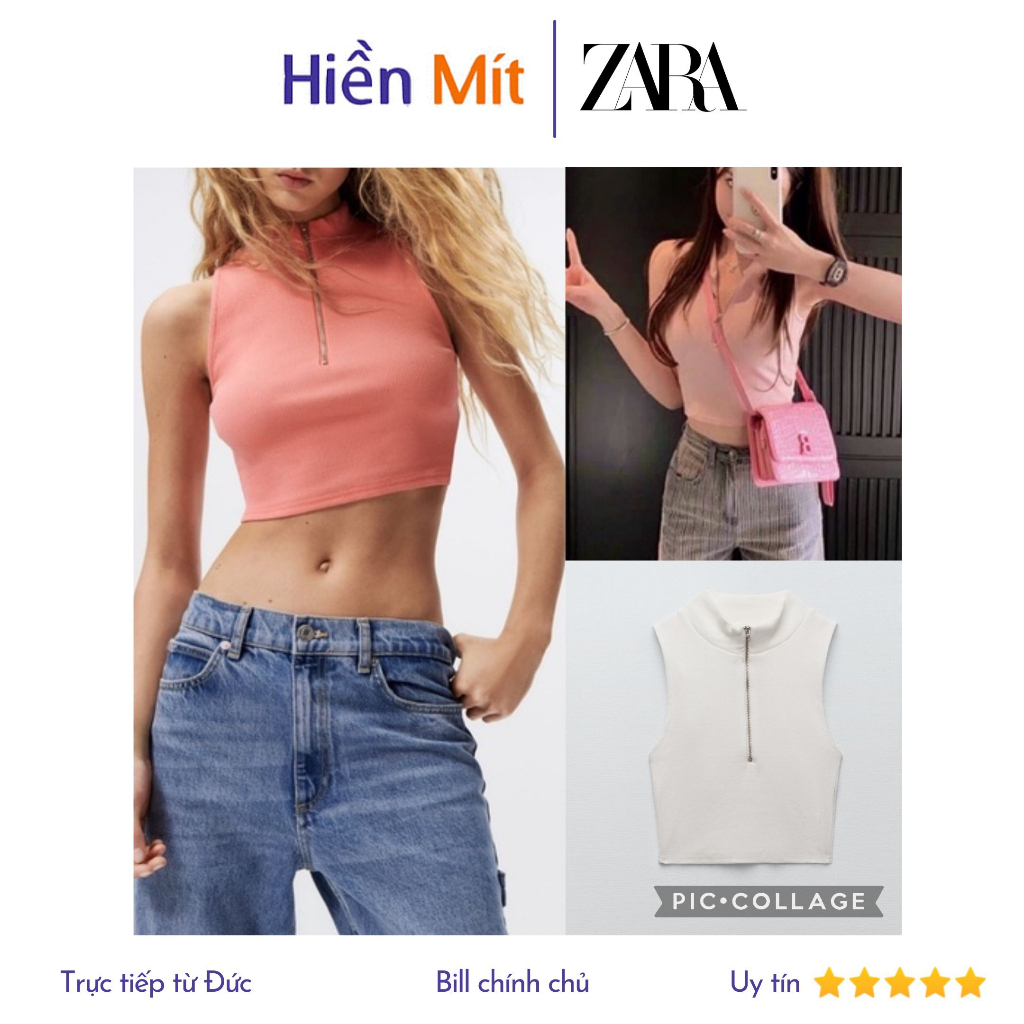 ZARA Đức - Áo thun kiểu chính hãng auth new tag cao cấp có sẵn sale 6050/348 zip cổ dựng sát nách croptop hồng đen trắng