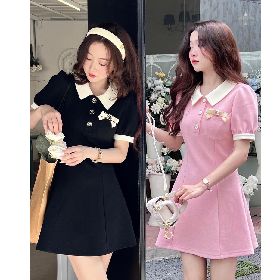 Váy nữ phối nút cổ sơ mi tay ngắn thời trang nữ tiểu thư đầm dự tiệc nữ sang chảnh