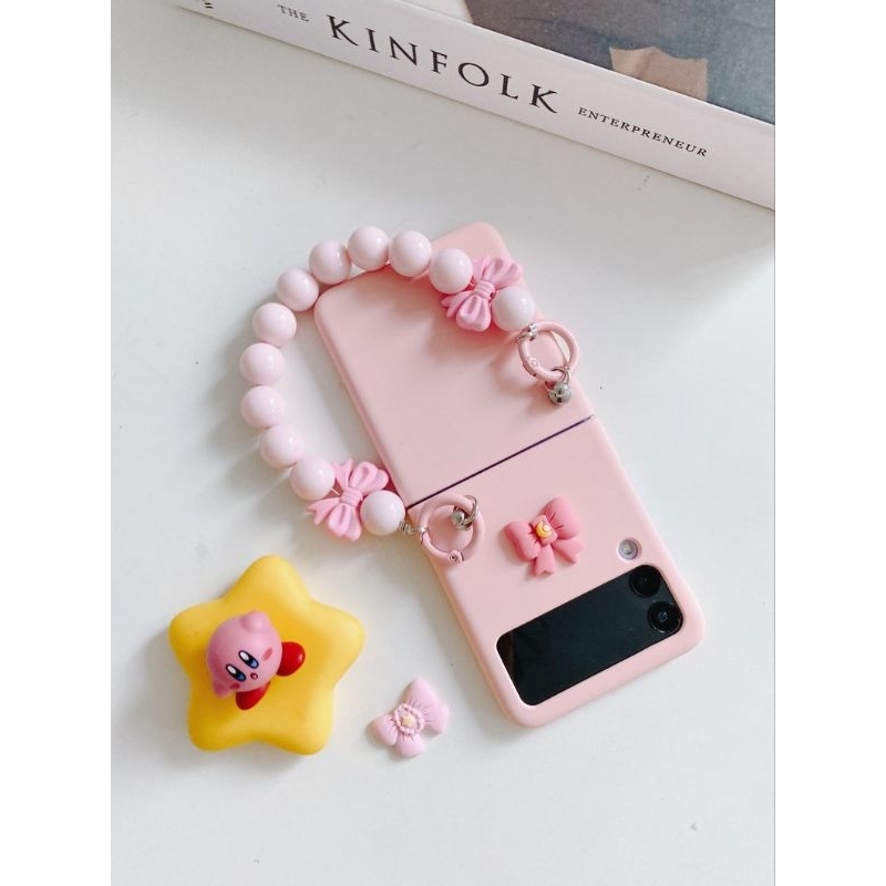 Ốp Z Flip 4 - Z Flip 3 - Z Flip3 - Flip4 5G hồng pastel charm dễ thương kèm dây hạt nơ tiểu thư xinh xắn