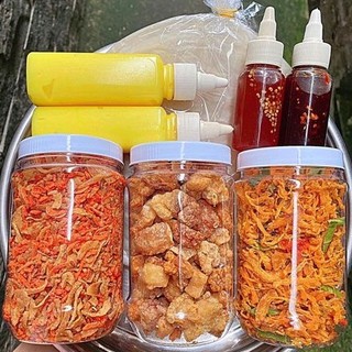 Combo vip:bánh tráng 500g,muối tép hành phi 220g,bơ béo 200g,khô gà 170g,tóp mỡ 150g