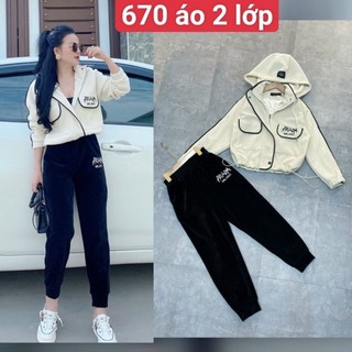 Sét bộ thể thao nữ nhung áo 2 lớp kéo khóa cao cấp quảng châu