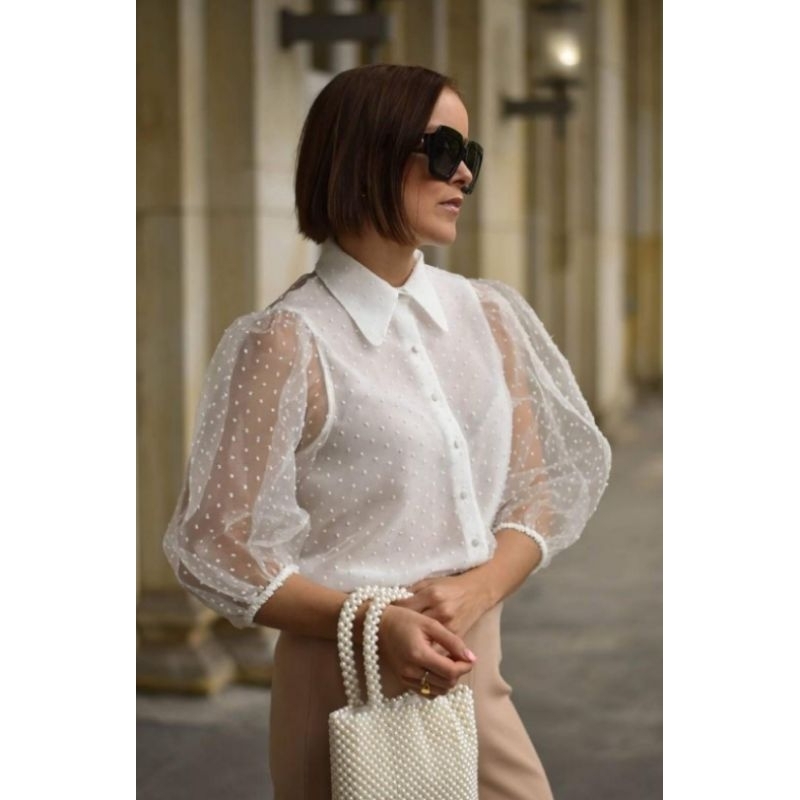 Áo sơ mi voan organza Zara VNXK zr mesh shirt áo kiểu lưới màu trắng tay phồng xuất khẩu dư xịn