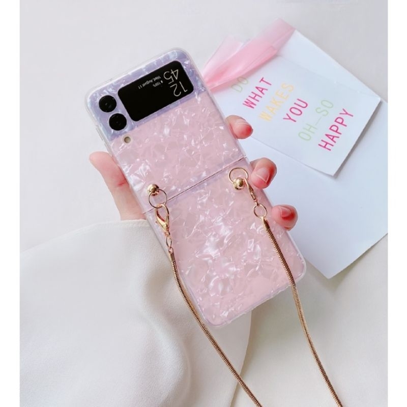 Ốp Z Flip 4 - Z Flip 3 - Z Flip3 - Flip4 5G vân đá lấp lánh viền dẻo kèm dây xích nhuyễn đeo chéo sang trọng