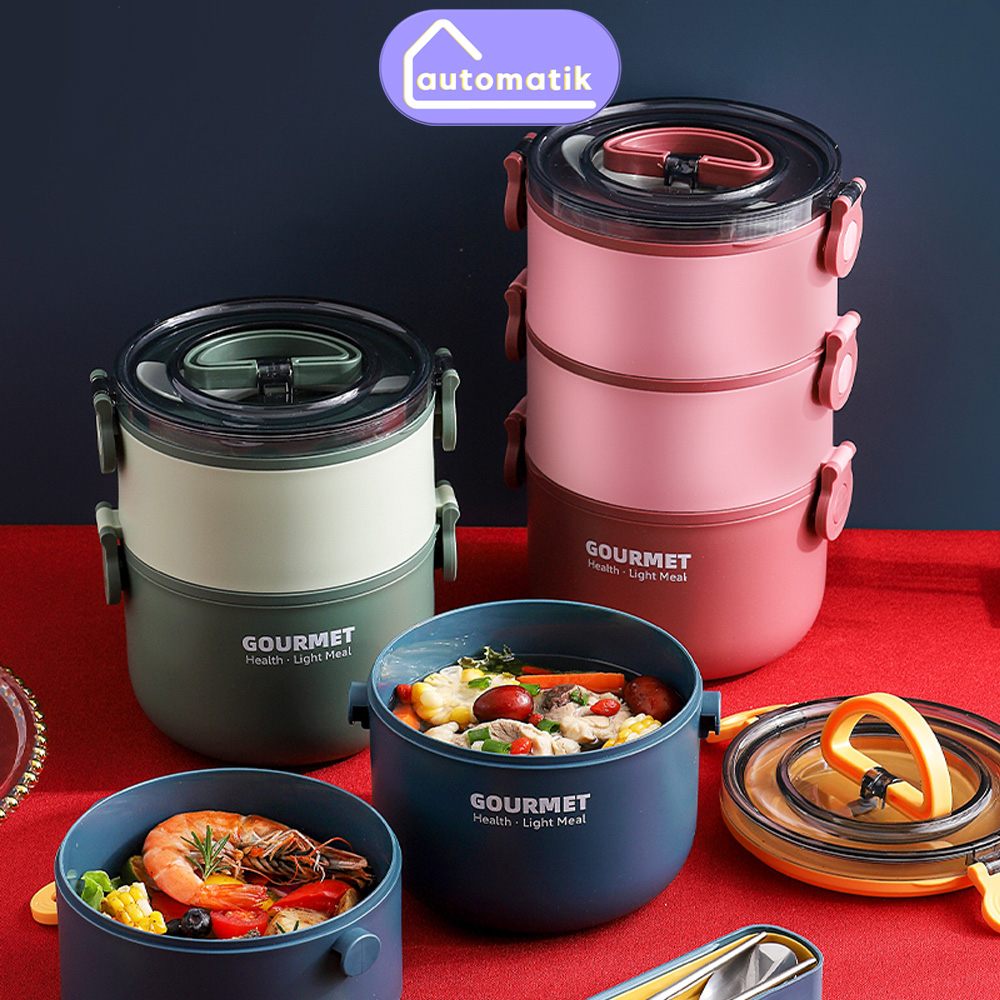 Hộp Cơm Automatik Inox 304 Giữ Nhiệt, Đựng Đồ Ăn Văn Phòng, Cà Mên 3 Tầng Chống Tràn, Kèm Thìa 2.2L